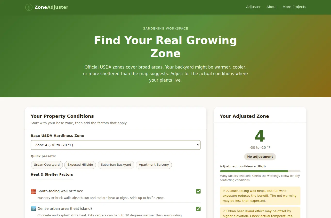 Screenshot of Plant Hardiness Zone Micro-Climate Adjuster interface showing the project page in use